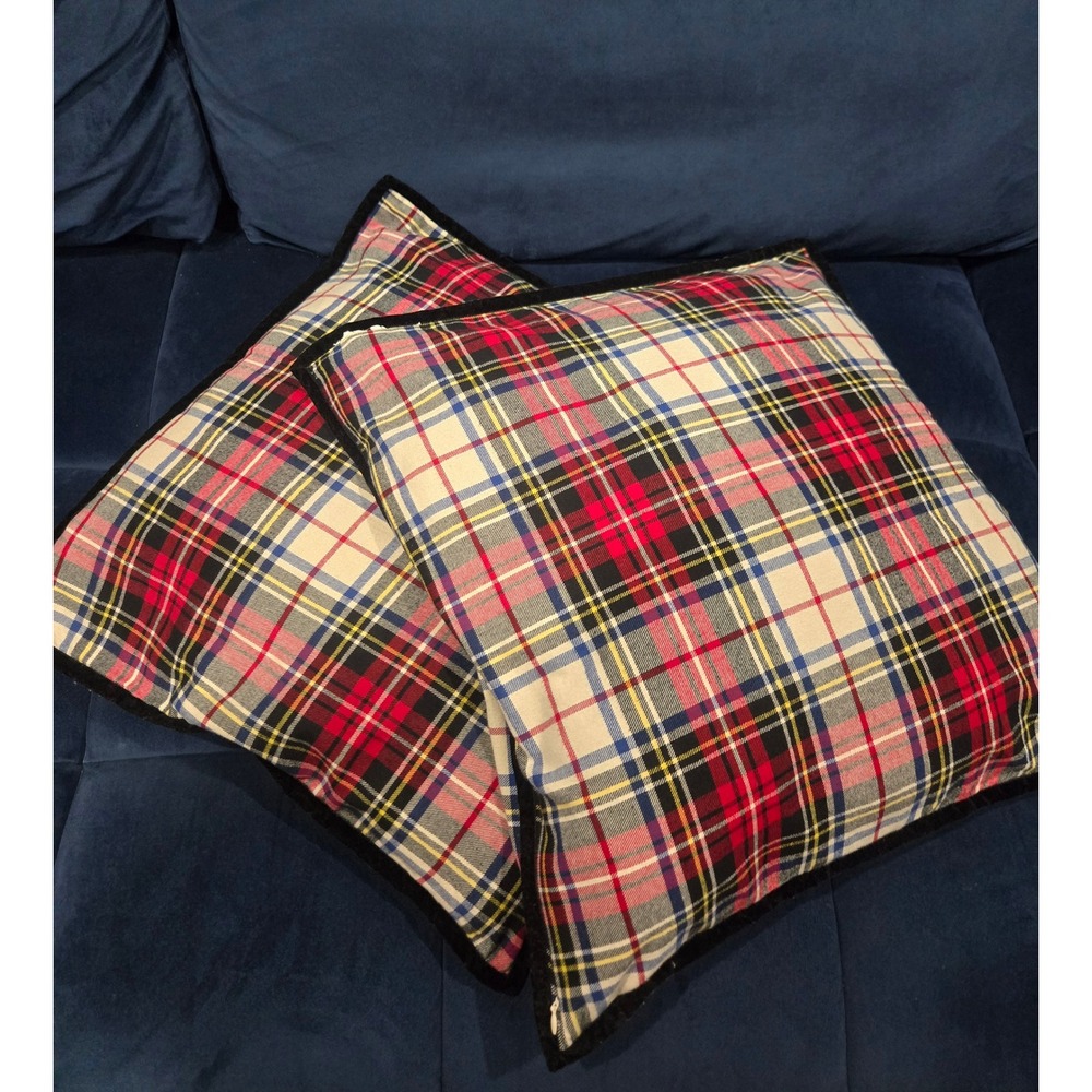 Lauren Ralph Lauren Plaid Pillow Covers Set of 2 Red Tartan Velvet Trim 21X21